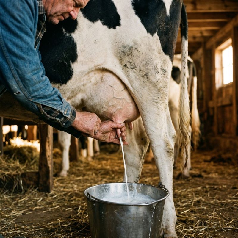 Close-up photograph of skilled hands gently milking the udders of a black and white Holstein dairy cow in a rustic barn setting, warm golden hour lighting filtering through wooden beams, shallow depth of field focusing on the milking action, natural tones with earthy browns and creamy whites, photorealistic style capturing the authentic craftsmanship of traditional dairy farming.